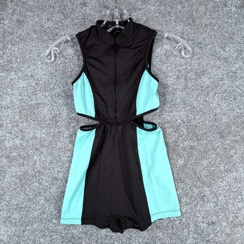 Bloch Girls Size 10 Black Teal Biketard Leotard FrontZip Cut-Out Dance Unitard